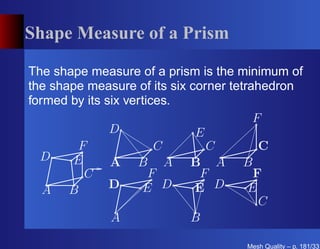 Shape Measure of a Prism

The shape measure of a prism is the minimum of
the shape measure of its six corner tetrahedron
formed by its six vertices.
                                         F
               D              E
        F               C       C         C
  D    E       A B A B A B
         C             F       F         F
   A B         D     E D      E D       E
                                          C
               A             B

                                     Mesh Quality – p. 181/331
 