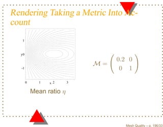 Rendering Taking a Metric Into Ac-
count
   1



  y0
                                    0.2 0
                               M=
   -1                                0 1

        0     1   x 2      3


            Mean ratio η




                                       Mesh Quality – p. 196/331
 