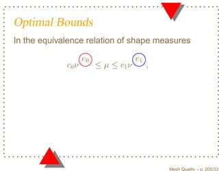 Optimal Bounds
In the equivalence relation of shape measures

                    e0                e1
             c0 ν        ≤ µ ≤ c1 ν        ,




                                               Mesh Quality – p. 205/331
 