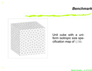 Benchmark




Unit cube with a uni-
form isotropic size spe-
ciﬁcation map of 1/10.




              Mesh Quality – p. 217/331
 