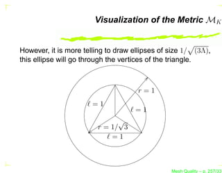 Visualization of the Metric MK


However, it is more telling to draw ellipses of size 1/ (3Λ),
this ellipse will go through the vertices of the triangle.



                                     r=1
                     ℓ=1
                                   ℓ=1
                              √
                        r = 1/ 3
                           ℓ=1



                                                Mesh Quality – p. 257/331
 