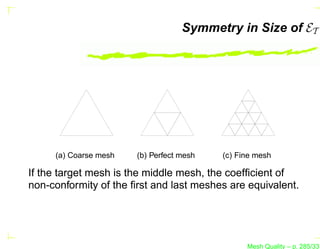 Symmetry in Size of ET




     (a) Coarse mesh   (b) Perfect mesh   (c) Fine mesh

If the target mesh is the middle mesh, the coefﬁcient of
non-conformity of the ﬁrst and last meshes are equivalent.




                                                Mesh Quality – p. 285/331
 