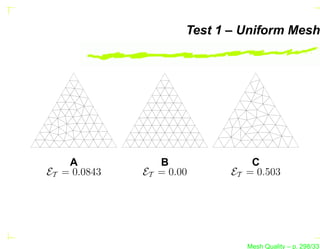 Test 1 – Uniform Mesh




    A            B               C
ET = 0.0843   ET = 0.00      ET = 0.503




                                Mesh Quality – p. 298/331
 