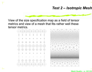 Test 2 – Isotropic Mesh


View of the size speciﬁcation map as a ﬁeld of tensor
metrics and view of a mesh that ﬁts rather well these
tensor metrics.




                                              Mesh Quality – p. 301/331
 