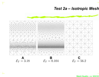 Test 2a – Isotropic Mesh




   A            B             C
ET = 3.18   ET = 0.104     ET = 56.2



                              Mesh Quality – p. 302/331
 