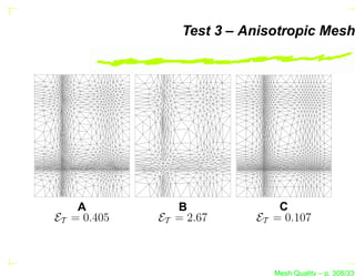 Test 3 – Anisotropic Mesh




    A           B              C
ET = 0.405   ET = 2.67     ET = 0.107



                              Mesh Quality – p. 308/331
 