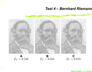 Test 4 – Bernhard Riemann




    A            B             C
ET = 0.546   ET = 0.345    ET = 0.845


                              Mesh Quality – p. 310/331
 