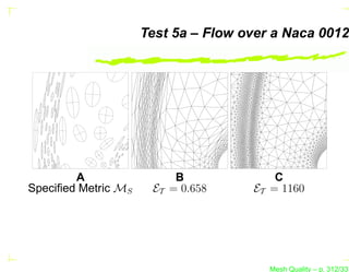 Test 5a – Flow over a Naca 0012




        A                 B              C
Speciﬁed Metric MS    ET = 0.658     ET = 1160




                                        Mesh Quality – p. 312/331
 
