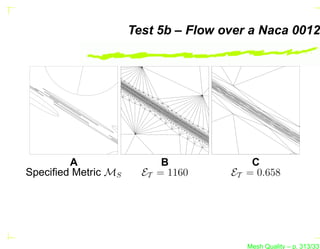 Test 5b – Flow over a Naca 0012




        A                  B             C
Speciﬁed Metric MS     ET = 1160     ET = 0.658




                                        Mesh Quality – p. 313/331
 