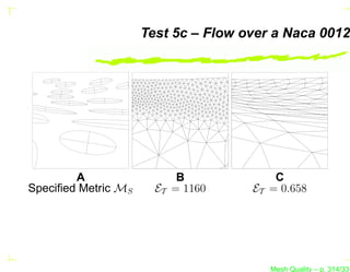 Test 5c – Flow over a Naca 0012




        A                  B             C
Speciﬁed Metric MS     ET = 1160     ET = 0.658




                                        Mesh Quality – p. 314/331
 