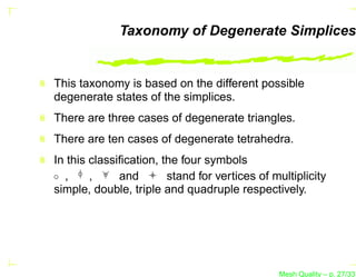 Taxonomy of Degenerate Simplices


This taxonomy is based on the different possible
degenerate states of the simplices.
There are three cases of degenerate triangles.
There are ten cases of degenerate tetrahedra.
In this classiﬁcation, the four symbols
  ,     ,     and       stand for vertices of multiplicity
simple, double, triple and quadruple respectively.




                                               Mesh Quality – p. 27/331
 