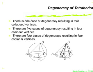 Degeneracy of Tetrahedra


 There is one case of degeneracy resulting in four
collapsed vertices.
 There are ﬁve cases of degeneracy resulting in four
collinear vertices.
 There are four cases of degeneracy resulting in four
coplanar vertices.
                      D                 D

                                          d
          A            C     A     a    C
                                    b
                   B                  B c


                                              Mesh Quality – p. 31/331
 