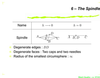 6 – The Spindle



  Name            h −→ 0               h=0

                            D
              A     h               A B, D     C
 Spindle            h           C
                        B
Degenerate edges : BD
Degenerate faces : Two caps and two needles
Radius of the smallest circumsphere : ∞




                                         Mesh Quality – p. 37/331
 