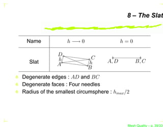 8 – The Slat


 Name             h −→ 0                  h=0

              D
              h             C
   Slat                    h       A, D         B, C
              A
                           B
Degenerate edges : AD and BC
Degenerate faces : Four needles
Radius of the smallest circumsphere : hmax /2




                                            Mesh Quality – p. 39/331
 