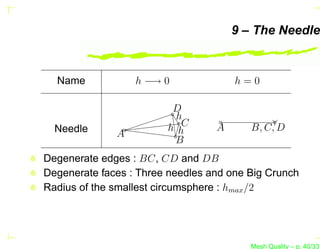 9 – The Needle


  Name            h −→ 0              h=0

                         D
                          h
                        h hC      A      B, C, D
  Needle      A
                         B
Degenerate edges : BC, CD and DB
Degenerate faces : Three needles and one Big Crunch
Radius of the smallest circumsphere : hmax /2




                                         Mesh Quality – p. 40/331
 