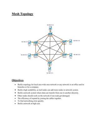 Mesh Topology
Objectives
• Build a topology for local area wide area network or any network in an office and its
branches or for a company.
• Build a high scalability, as leaf nodes can add more nodes in network system.
• Build a network system where data can transfer from one to another directely.
• Other nodes should work on the network if one node get damaged.
• The efficiency of expand by joining the cables together.
• To find networking error quickly.
• Build a network at high cost.
 