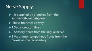 Nerve Supply
 It is supplied by branches from the
submandibular ganglion.
 These branches convey:
 1 Secretomotor fibres
 2 Sensory fibres from the lingual nerve
 3 Vasomotor sympathetic fibres from the
plexus on the facial artery
 