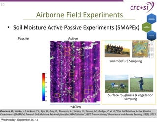 Airborne	
  Field	
  Experiments
• Soil	
  Moisture	
  AcIve	
  Passive	
  Experiments	
  (SMAPEx)
~40km
Soil	
  moisture	
  Sampling
Surface	
  roughness	
  &	
  vegetaIon	
  
sampling
Panciera,	
  R.,	
  Walker,	
  J.P,	
  Jackson,	
  T	
  J.,	
  Ryu,	
  D.,	
  Gray,	
  D.,	
  Monerris,	
  A.,	
  Yardley,	
  H.,	
  Tanase,	
  M.,	
  Rudiger,	
  C.	
  et	
  al.,“The	
  Soil	
  Moisture	
  Ac9ve	
  Passive	
  
Experiments	
  (SMAPEx):	
  Towards	
  Soil	
  Moisture	
  Retrieval	
  from	
  the	
  SMAP	
  Mission”,	
  IEEE	
  Transac9ons	
  of	
  Geoscience	
  and	
  Remote	
  Sensing,	
  51(9),	
  2013.	
  
Passive	
   AcIve	
  
10
Wednesday, September 25, 13
 