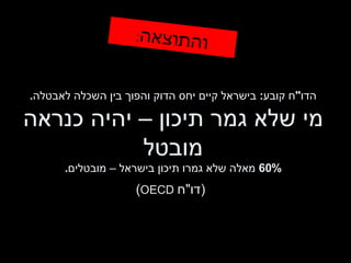 הדו " ח קובע :  בישראל קיים יחס הדוק והפוך בין השכלה לאבטלה . מי שלא גמר תיכון – יהיה כנראה מובטל 60%  מאלה שלא גמרו תיכון בישראל – מובטלים .   ( דו " ח  OECD ) והתוצאה : 