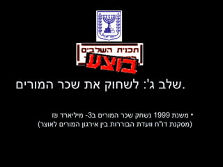 שלב ג ':  לשחוק את שכר המורים . משנת  1999  נשחק שכר המורים ב -3  מיליארד ₪    ( מסקנת דו " ח וועדת הבוררות בין אירגון המורים לאוצר ) 