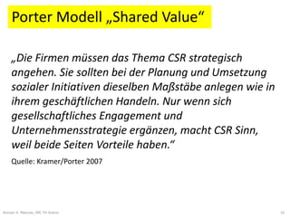 Porter Modell „Shared Value“

    „Die Firmen müssen das Thema CSR strategisch
    angehen. Sie sollten bei der Planung und Umsetzung
    sozialer Initiativen dieselben Maßstäbe anlegen wie in
    ihrem geschäftlichen Handeln. Nur wenn sich
    gesellschaftliches Engagement und
    Unternehmensstrategie ergänzen, macht CSR Sinn,
    weil beide Seiten Vorteile haben.“
    Quelle: Kramer/Porter 2007




Roman H. Mesicek, IMC FH Krems                               10
 