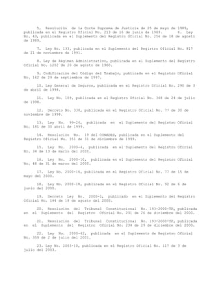 5. Resolución de la Corte Suprema de Justicia de 25 de mayo de 1989,
publicada en el Registro Oficial No. 213 de 16 de junio de 1989. 6. Ley
No. 43, publicada en el Suplemento del Registro Oficial No. 256 de 18 de agosto
de 1989.
7. Ley No. 133, publicada en el Suplemento del Registro Oficial No. 817
de 21 de noviembre de 1991.
8. Ley de Régimen Administrativo, publicada en el Suplemento del Registro
Oficial No. 1202 de 20 de agosto de 1960.
9. Codificación del Código del Trabajo, publicada en el Registro Oficial
No. 162 de 29 de septiembre de 1997.
10. Ley General de Seguros, publicada en el Registro Oficial No. 290 de 3
de abril de 1998.
11. Ley No. 109, publicada en el Registro Oficial No. 368 de 24 de julio
de 1998.
12. Decreto No. 338, publicada en el Registro Oficial No. 77 de 30 de
noviembre de 1998.
13. Ley No. 99-24, publicada en el Suplemento del Registro Oficial
No. 181 de 30 abril de 1999.
14. Resolución No. 19 del CONADES, publicada en el Suplemento del
Registro Oficial No. 351 de 31 de diciembre de 1999.
15. Ley No. 2000-4, publicada en el Suplemento del Registro Oficial
No. 34 de 13 de marzo del 2000.
16. Ley No. 2000-10, publicada en el Suplemento del Registro Oficial
No. 48 de 31 de marzo del 2000.
17. Ley No. 2000-16, publicada en el Registro Oficial No. 77 de 15 de
mayo del 2000.
18. Ley No. 2000-18, publicada en el Registro Oficial No. 92 de 6 de
junio del 2000.
19. Decreto Ley No. 2000-1, publicado en el Suplemento del Registro
Oficial No. 144 de 18 de agosto del 2000.
20. Resolución del Tribunal Constitucional No. 193-2000-TP, publicada
en el Suplemento del Registro Oficial No. 231 de 26 de diciembre del 2000.
21. Resolución del Tribunal Constitucional No. 193-2000-TP, publicada
en el Suplemento del Registro Oficial No. 234 de 29 de diciembre del 2000.
22. Ley No. 2000-42, publicada en el Suplemento de Registro Oficial
No. 359 de 2 de julio del 2001.
23. Ley No. 2003-10, publicada en el Registro Oficial No. 117 de 3 de
julio del 2003.
 