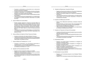 287
ANEXOS
¡ ~         
económica de todas las Entidades;
¡ ~           
¡ ~           
liquidación del contrato de todas las Entidades;
¡ ~           
las Entidades; y
¡ Z  $     
en el Módulo de Contratos del SEACE relacionadas a los perfiles
del OSCE.
5. Acceso al Módulo de Convenio Marco
¡          w*  
diversas Entidades Públicas con la siguiente información: RUC del
Proveedor, Proveedor, RUC Entidad, Entidad, Documento, Estado
del Documento, Fecha del Documento, Fecha del Ultimo Estado,
PlazodeEntrega,DestinoSubTotal(S/.),Descuento(S/.),Flete(S/.),
Monto IGV (S/.), Monto Total (S/.) y Orden de Compra (documento
físico); y
¡ Z  $     
en el Módulo de Convenio Marco del SEACE relacionadas a los
perfiles del OSCE.
6. Acceso al Módulo de Gestión de Fichas Técnicas de Subasta
¡ ~       w 
¡ Z  $     
enelMódulodeGestióndeFichasTécnicasdeSubastadelSEACE
relacionadas a los perfiles del OSCE.
7. Acceso al Módulo de Contratación de 1 a 3 UIT
¡ ~              
contrataciones de 1 a 3 UIT de todas las Entidades; y
¡ Z  $     
en el Módulo de Contratos de 1 a 3 UIT.
8. Operador de Pronunciamientos del OSCE
¡ |        ‰w
¡ |      ‰w    
de elevación de observaciones a la Bases; y
¡ Z  $     
en el SEACE relacionadas con la elevación de observaciones a las
Bases al OSCE.
ANEXOS
288
9. Operador de Resoluciones / Acuerdo del Tribunal
¡ |   |   Z K  w  
del Estado que resuelven los recursos de apelación;
¡ |   `    Z K  w  
del Estado; y
¡ Z  $     
relacionadas con las funciones asignadas al Tribunal de
Contrataciones del Estado.
10. Operador de Notificaciones del OSCE
¡          _ 
SEACE;
¡ ƒ          
Entidades a las notificaciones enviadas a través del SEACE;
¡ ƒ      
¡ Z  $     
en el Módulo de Notificaciones del OSCE.
11. Operador de Traducción de Fichas de Convocatorias
¡ ~         #   
bajo algún acuerdo comercial;
¡ |             
ítems; y
¡ Z  $     
en el Módulo de Acuerdos Comerciales.
12. Administrador del REC
¡ |      %K w |   
Entidades Contratantes (REC);
¡ ƒ     %K w |   
Entidades Contratantes (REC);
¡ `        %K w 
Registro de Entidades Contratantes (REC);
¡ ~  †       ‰w
¡ Z  $     
en el Módulo REC del SEACE.
13. Administrador de Usuario SEACE
¡ |   Œ   ‹”     %K 
Contratantes;
¡ |   Œ   ‹”     #  
 
