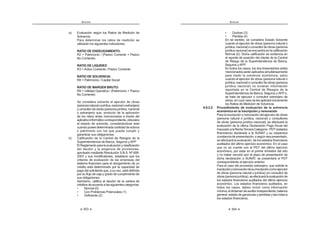 303
ANEXOS
a) Evaluación según los Ratios de Medición de
Solvencia
Para determinar los ratios de medición se
utilizarán los siguientes indicadores:
RATIO DE ENDEUDAMIENTO:
R2 = Patrimonio / (Pasivo Corriente + Pasivo
No Corriente)
RATIO DE LIQUIDEZ:
R3 = Activo Corriente / Pasivo Corriente
RATIO DE SOLVENCIA:
R8 = Patrimonio / Capital Social
RATIO DE MARGEN BRUTO:
R9 = Utilidad Operativa / (Patrimonio + Pasivo
No Corriente)
Se considera solvente al ejecutor de obras
(personanaturalojurídica,nacionaloextranjera)
y consultor de obras (persona jurídica, nacional
o extranjera) que, producto de la aplicación
de los ratios antes mencionados a través del
aplicativoinformáticocorrespondiente,obtuviera
el estado de solvente, considerándose éste
cuandoposeedeterminadacantidaddeactivos
o patrimonio con los que pueda cumplir y
garantizar sus obligaciones.
b) Calificación de la Central de Riesgos de la
Superintendencia de Banca, Seguros y AFP
ElReglamentoparalaevaluaciónyclasificación
del deudor y la exigencia de provisiones,
aprobado mediante Resolución S.B.S. Nº 808-
2003 y sus modificatorias, establece que los
criterios de evaluación de las empresas del
sistema financiero para el otorgamiento de un
crédito está determinado por la capacidad de
pago del solicitante que, a su vez, está definida
por su flujo de caja y grado de cumplimiento de
sus obligaciones.
Asimismo, califica al deudor de la cartera de
créditosdeacuerdoalassiguientescategorías:
 ¡ + {W
 ¡ w K {Q
 ¡ ƒ {=
ANEXOS
304
 ¡ ƒ {J
 ¡ _  {Š
En tal sentido, se considera Estado Solvente
cuando el ejecutor de obras (persona natural o
jurídica,nacional)oconsultordeobras(persona
jurídicanacional)seencuentraenlacalificación
Normal (0). Dicha calificación se evidencia en
el reporte de posición del cliente de la Central
de Riesgo de la Superintendencia de Banca,
Seguros y AFP.
En todos los casos, los dos lineamientos antes
mencionadosseránaplicadossimultáneamente
para medir la solvencia económica, salvo
cuando el ejecutor de obras (persona natural o
jurídica,nacional)oconsultordeobras(persona
jurídica nacional) no tuvieran información
reportada en la Central de Riesgos de la
Superintendencia de Banca, Seguros y AFP o,
se trate de ejecutor o consultor extranjero de
obras, en cuyo caso se les aplicará únicamente
los Ratios de Medición de Solvencia.
6.8.2.2. Procedimiento de evaluación de la solvencia
económica en la inscripción y renovación
Para la inscripción y renovación del ejecutor de obras
(persona natural o jurídica, nacional) y consultores
de obras (persona jurídica nacional), se efectuará la
evaluación de la última Declaración Pago Anual del
ImpuestoalaRentaTerceraCategoría-PDT(estados
financieros) declarada a la SUNAT y su respectiva
constancia de presentación; o según sea presentado,
se efectuará la evaluación de los estados financieros
auditados del último ejercicio económico. En el caso
que no se cuente con el PDT del último ejercicio
económico, por estar en el primer trimestre del año
y no haber vencido aún el plazo de presentación de
dicha declaración a SUNAT, se presentará el PDT
correspondiente al ejercicio anterior.
Para el caso del proveedor extranjero, que solicite la
inscripciónyrenovacióndesuinscripcióncomoejecutor
de obras (persona natural o jurídica) y/o consultor de
obras(personajurídica),seefectuarálaevaluaciónde
los estados financieros auditados del último ejercicio
económico. Los estados financieros auditados, en
todos los casos, deben incluir como información
mínima,eldictamendeauditorindependiente,balance
general, estado de ganancias y pérdidas y las notas a
los estados financieros.
 