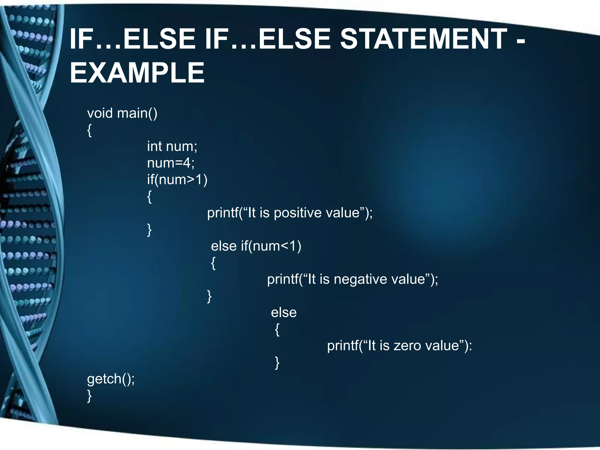 IF…ELSE IF…ELSE STATEMENT - EXAMPLE void main() { int num; num=4; if(num>1) { printf(“It is positive value”); } else if(num<1) { printf(“It is negative value”); } else { printf(“It is zero value”): } getch(); } 