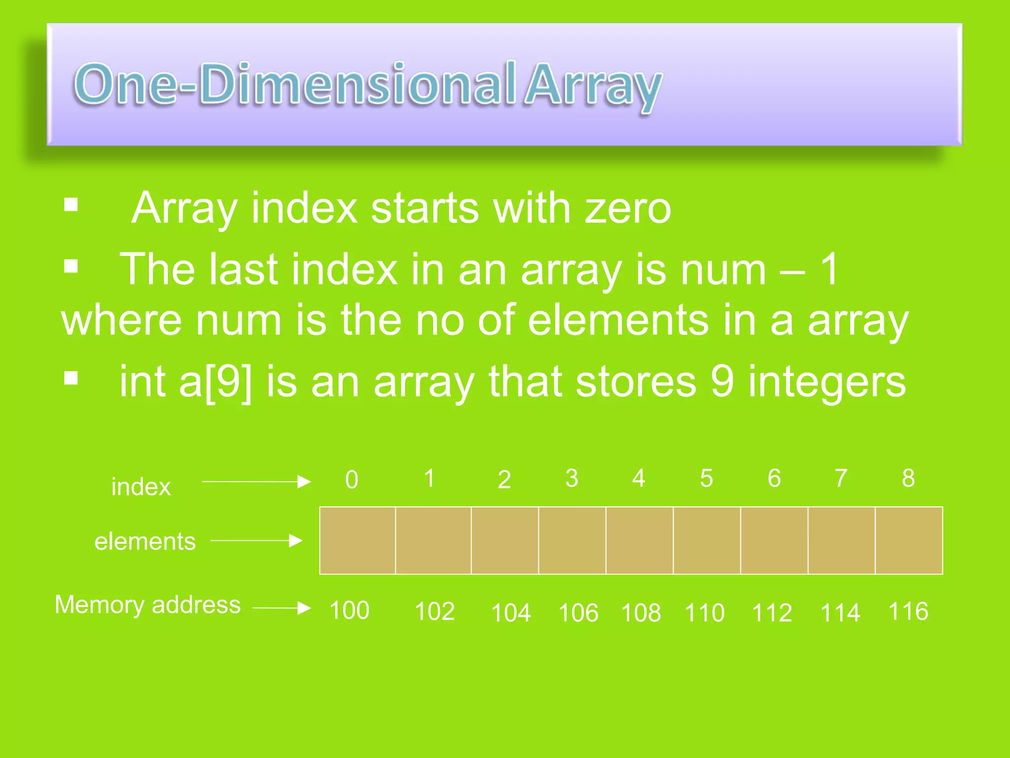  Array index starts with zero
 The last index in an array is num – 1
where num is the no of elements in a array
 int a[9] is an array that stores 9 integers

    index         0    1     2     3   4    5     6     7     8

  elements

Memory address   100   102   104   106 108 110   112   114   116
 