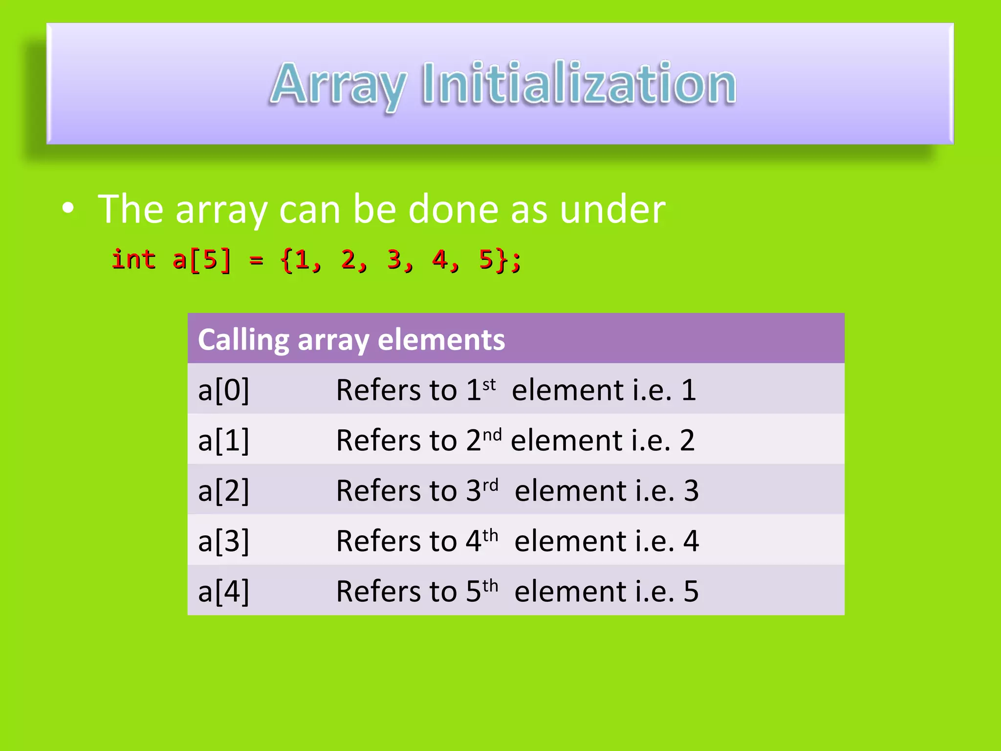 • The array can be done as under
  int a[5] = {1, 2, 3, 4, 5};

       Calling array elements
       a[0]     Refers to 1st element i.e. 1
       a[1]     Refers to 2nd element i.e. 2
       a[2]     Refers to 3rd element i.e. 3
       a[3]     Refers to 4th element i.e. 4
       a[4]     Refers to 5th element i.e. 5
 