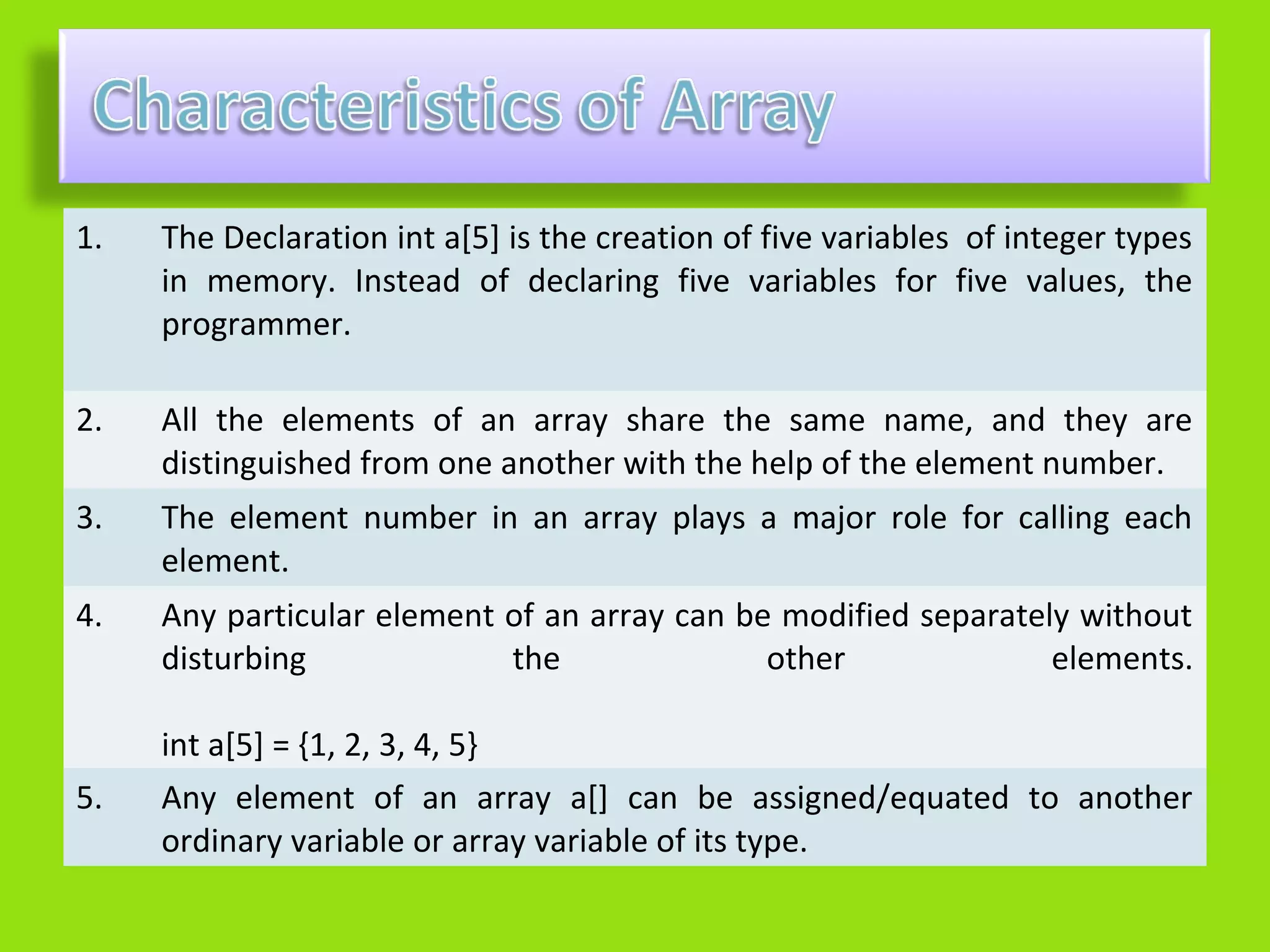 1.   The Declaration int a[5] is the creation of five variables of integer types
     in memory. Instead of declaring five variables for five values, the
     programmer.

2.   All the elements of an array share the same name, and they are
     distinguished from one another with the help of the element number.
3.   The element number in an array plays a major role for calling each
     element.
4.   Any particular element of an array can be modified separately without
     disturbing             the               other              elements.

     int a[5] = {1, 2, 3, 4, 5}
5.   Any element of an array a[] can be assigned/equated to another
     ordinary variable or array variable of its type.
 