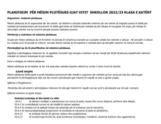 PLANIFIKIM PËR MËSIM PLOTËSUES GJAT VITIT SHKOLLOR 2022/23 KLASA E KATËRT
Organizimi imësimit plotësues
Mësimi plotësues do të organizohet për ata nxënës që vështirë e zotrojnë materialin mësimor.për ata nxënës që tregojnë sukses të dobët,per
nxënësit që karakterizohen për koncentrim të dobët gjat kohes së mësimit,për nxënësit që për shkaqe të mungesës me arsye, për shkaqe të
sëmundjes nxënësi nuk ka mund të përcjell procesin edukativo-arsimor.
Përfshirja e nxënësve në mësimin plotësues
Grupet për mësim plotësues do të formohen ne perioda të ndryshme,mvarsisht se si parqiten dobësi tek nxënësit e caktuar . Në periodën e caktuar
kur nxënësi arrin të percjell në mënyrë normale atherë nxënësi do të trajtohet si nxënësit tjerë që përcjellin mesimin në mënyrë normale.
Përmbajtjet qe do të planifikohen në mësimin plotësues
Zgjedhja e përmbajtjeve mësimore do të zgjedhet mvarsisht nga nevojat e nxënësve që kan nevojë për lëndë tëcaktuara,respektivisht caktohen
nxënësit në mënyrë individuale të çdo nxënësi.
Koha e mbajtjes së mësimit plotësues
Mësimi plotësues do të mbahet nji her nnë javë,nëse nxënësit shprehin dëshirë ky numër I orëve mund të shtohet.
GJUHË SHQIPE
Mësimi plotësues është pjesë e punës edukativo-arsimore,të cilën shkolla e organizon për nxënësit që kan nevoj për kësi lloj ndihme,gjat
përvetsimit të përmbajtjeve,të cilat nuk kan mund ti përvetsojnë gjat mësimit të rregullt në orën e gjuhës shqipe.
Qëllimet e Përgjithshme :
-Përsëritja dhe përvetsimi I përmbajtjeve mësimore të cilat gjat mësimit të rregullt nuk kan arrit ti përvetsojnë ose më pak i zotrojnë.
Qëllimet arsimore në gjuhë shqipe :
Nxënësi/nxënësja di dhe është i/e aftë:
.III-А.1 të përdore renditjen e operacioneve me numra të plotë, thyesa dhe numra dhjetorë, përfshirë edhe kllapat,
III-А.2 të rrumbullakojë numrat në një shkallë të caktuar saktësie,
III-А.4 të vendose kur të aplikojë thyesa ose përqindje për të krahasuar sasi të ndryshme,
III-А.5 të rekomandojë/zbatojë proporcionin në kontekste të ndryshme të jetës së përditshme,
III-А.13 të analizoje format 3D përmes rrjetave dhe projeksioneve,
III-А.15 të transformoje format 2D, duke kombinuar zhvendosjen, rrotullimin, simetrinë boshtore dhe ngjashmërinë,
 