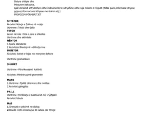 Detyra shtëpie dhe
Përpunimi teksteve.
Gjat vlersimit shfrytzohen edhe instrumente te ndryshme edhe nga mesimi I rregullt (fletza pune,informata kthyese
gojore,informacione kthyese me shkrim etj.)
PROPOZIM PËRMBAJTJET
SHTATOR
Aktivitet:Ndarja e fjalëve në rrokje
Ushtrime :Teksti dhe fjalia
TETOR
Lexim në role :Dita e pare e shkolles
Ushtrime dhe aktivitete
NËNTOR
1.Gjuha standarde
2 Aktivitete:Bisedojmë –ditlindja ime
DHJETOR
Aktivitet; kohet e foljes nw menyren deftore
Ushtrime gramatikore
SHKURT
Ushtrime –Përshkruajmë kafshët
Aktivitet :Përshkruajmë pranverën
MARS
1.Ushtrime :Fjalitë dëshirore dhe nxitëse
2.Aktivitet:gjëegjëza
PRILL
Ushtrime :Pershtatja e kallëzuesit me kryefjalën
Aktivitet:fabula
MAJ
1.Shenjatb e piksimit ne dialog
2.Bisedë rreth emisioneve të radios për fëmijë
 