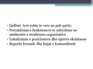 • Qellimi tyre eshte te vere ne pah qarte;
• Percaktimin e funksioneve te ndryshme ne
ambientin e struktures organizative
• Lokalizimin e pozicioneve dhe njesive ekzistuese
• Raporte formale dhe linjat e komunikimit
 