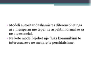 • Modeli autoritar dashamirres diferencohet nga
ai i mesiperm me teper ne aspektin formal se sa
ne ate esencial.
• Ne kete model lejohet nje fluks komunikimi te
interesuareve ne menyre te pershtatshme.
 