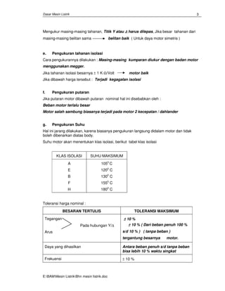 Dasar Mesin Listrik
E:BAMMesin ListrikBhn mesin Iistrik.doc
3
Mengukur masing-masing tahanan, Titik Y atau ∆∆∆∆ harus dilepas, Jika besar tahanan dari
masing-masing belitan sama belitan baik ( Untuk daya motor simetris )
e. Pengukuran tahanan isolasi
Cara pengukurannya dilakukan : Masing-masing kumparan diukur dengan badan motor
menggunakan megger.
Jika tahanan isolasi besarnya ± 1 K Ω/Volt motor baik
Jika dibawah harga tersebut : Terjadi kegagalan isolasi
f. Pengukuran putaran
Jika putaran motor dibawah putaran nominal hal ini disebabkan oleh :
Beban motor terlalu besar
Motor salah sambung biasanya terjadi pada motor 2 kecepatan / dahlander
g. Pengukuran Suhu
Hal ini jarang dilakukan, karena biasanya pengukuran langsung didalam motor dan tidak
boleh dibenarkan diatas body.
Suhu motor akan menentukan klas isolasi, berikut tabel klas isolasi
KLAS ISOLASI SUHU MAKSIMUM
A
E
B
F
H
1050
C
1200
C
1300
C
1550
C
1800
C
Toleransi harga nominal :
BESARAN TERTULIS TOLERANSI MAKSIMUM
Tegangan
Pada hubungan Y/∆
Arus
±±±± 10 %
±±±± 10 % ( Dari beban penuh 100 %
s/d 10 % ) ( tanpa beban )
tergantung besarnya motor.
Daya yang dihasilkan Antara beban penuh s/d tanpa beban
bisa lebih 10 % waktu singkat
Frekuensi ± 10 %
 
