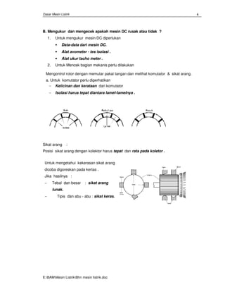 Dasar Mesin Listrik
E:BAMMesin ListrikBhn mesin Iistrik.doc
4
B. Mengukur dan mengecek apakah mesin DC rusak atau tidak ?
1. Untuk mengukur mesin DC diperlukan
• Data-data dari mesin DC.
• Alat avometer - tes isolasi .
• Alat ukur tacho meter .
2. Untuk Mencek bagian mekanis perlu dilakukan
Mengontrol rotor dengan memutar pakai tangan dan melihat komutator & sikat arang.
a. Untuk komutator perlu diperhatikan
− Kelicinan dan kerataan dari komutator
− Isolasi harus tepat diantara lamel-lamelnya .
Sikat arang :
Posisi sikat arang dengan kolektor harus tepat dan rata pada koletor .
Untuk mengetahui kekerasan sikat arang
dicoba digoreskan pada kertas .
Jika hasilnya :
− Tebal dan besar : sikat arang
lunak.
− Tipis dan abu - abu : sikat keras.
 