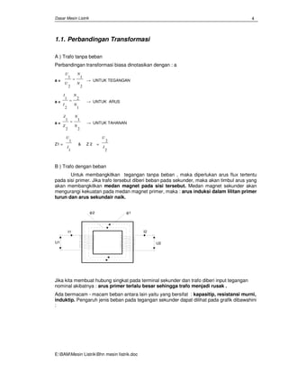 Dasar Mesin Listrik
E:BAMMesin ListrikBhn mesin Iistrik.doc
4
1.1. Perbandingan Transformasi
A ) Trafo tanpa beban
Perbandingan transformasi biasa dinotasikan dengan : a
a =
2
1
2
1
N
N
U
U
= → UNTUK TEGANGAN
a =
1
2
2
1
N
N
I
I
= → UNTUK ARUS
a =
2
1
2
1
N
N
Z
Z
= → UNTUK TAHANAN
Z1 =
1
1
I
U
& Z 2 =
2
2
I
U
B ) Trafo dengan beban
Untuk membangkitkan tegangan tanpa beban , maka diperlukan arus flux tertentu
pada sisi primer. Jika trafo tersebut diberi beban pada sekunder, maka akan timbul arus yang
akan membangkitkan medan magnet pada sisi tersebut. Medan magnet sekunder akan
mengurangi kekuatan pada medan magnet primer, maka : arus induksi dalam lilitan primer
turun dan arus sekundair naik.
φ φ
U1 U2
I1 I2
12
Jika kita membuat hubung singkat pada terminal sekunder dan trafo diberi input tegangan
nominal akibatnya : arus primer terlalu besar sehingga trafo menjadi rusak .
Ada bermacam - macam beban antara lain yaitu yang bersifat : kapasitip, resistansi murni,
induktip. Pengaruh jenis beban pada tegangan sekunder dapat dilihat pada grafik dibawahini
:
 