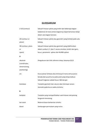PEMANFAATAN TEKNIK CAM PADA MESIN CNC
TEKNIK MESIN – TEKNIK PEMESINAN
217
GLOSSARIUM
2 ½D (contour) Sebuah lintasan pahat yang terdiri dari beberapa bagian
kedalaman di mana antara bagiannya dapat bervariasi tetapi
dalam satu bagian konstan.
2D (contour or
plane)
Sebuah lintasan pahat atau geometri yang terletak pada satu
bidang.
3D (contour, plane
or
space)
Sebuah lintasan pahat atau geometri yang didefinisikan
dalam sumbu X, Y, dan Z secara simultan; terdiri dari garis,
busur, parametric splines dan NURBS splines
A
absolute
(coordinates,
dimensioning,
positioning)
Pengukuran dari titik referensi tetap, biasanya 0,0,0.
arc Kurva planar terbuka atau tertutup di mana semua posisi
berada dari pusat kurva pada jarak yang tetap (radius) .
Sebuah lingkaran adalah busur 360 derajat.
AutoSave Tampilan geometri dan ukuran akan disimpan secara
otomatis pada kurun waktu tertentu.
B
backplot Tampilan yang memperlihatkan saat lintasan alat potong
bergerak memotong.
bar stock Material dasar berbentuk silindris
blend Sambungan permukaan yang mulus
 