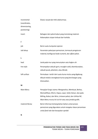 PEMANFAATAN TEKNIK CAM PADA MESIN CNC
TEKNIK MESIN – TEKNIK PEMESINAN
221
incremental
(coordinates,
dimensioning,
positioning)
Diukur sesaat dari titik sebelumnya.
insert Bahagian dari pahat bubut yang memotong material.
Kebanyakan sisipan terbuat dari karbida.
J
job Berisi suatu kumpulan operasi.
Job Setup Parameter pekerjaan pemesinan, termasuk pengaturan
material, konfigurasi kode numerik, dan offset pahat.
L
lead Jarak pada mur yang menunjukan satu lingkar ulir
line style Penampakan sebuah garis; mungkin solid, disembunyikan,
sebuah pusat, phantom, atau Zbreak.
loft surface Permukaan terdiri dari suatu kurva mulus yang digabung
dibuat melalui serangkaian kurva yang bersilangan yang
disesuaikan.
M
Main Menu Penyajian fungsi utama: Menganalisis, Membuat, Berkas,
Memodifikasi, Xform, Hapus, Layar, Solid, Keluar, dan pada
Milling, Bubut, dan Wire, Lintasan pahat, dan Utilitas NC.
Main Menu muncul di sisi kiri atau atas jendela grafik.
material library Berisi informasi tentang bahan-bahan untuk proses
pemesinan yang digunakan untuk mengatur dasar persentase
untuk feed rate dan kecepatan spindel
N
 