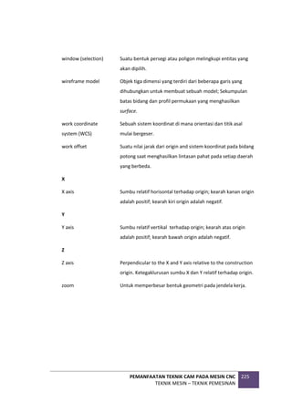 PEMANFAATAN TEKNIK CAM PADA MESIN CNC
TEKNIK MESIN – TEKNIK PEMESINAN
225
window (selection) Suatu bentuk persegi atau poligon melingkupi entitas yang
akan dipilih.
wireframe model Objek tiga dimensi yang terdiri dari beberapa garis yang
dihubungkan untuk membuat sebuah model; Sekumpulan
batas bidang dan profil permukaan yang menghasilkan
surface.
work coordinate
system (WCS)
Sebuah sistem koordinat di mana orientasi dan titik asal
mulai bergeser.
work offset Suatu nilai jarak dari origin and sistem koordinat pada bidang
potong saat menghasilkan lintasan pahat pada setiap daerah
yang berbeda.
X
X axis Sumbu relatif horisontal terhadap origin; kearah kanan origin
adalah positif; kearah kiri origin adalah negatif.
Y
Y axis Sumbu relatif vertikal terhadap origin; kearah atas origin
adalah positif; kearah bawah origin adalah negatif.
Z
Z axis Perpendicular to the X and Y axis relative to the construction
origin. Ketegaklurusan sumbu X dan Y relatif terhadap origin.
zoom Untuk memperbesar bentuk geometri pada jendela kerja.
 