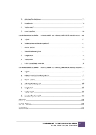 PEMANFAATAN TEKNIK CAM PADA MESIN CNC
TEKNIK MESIN – TEKNIK PEMESINAN
iii
D. Aktivitas Pembelajaran........................................................................................... 73
E. Rangkuman ............................................................................................................ 76
F. Tes Formatif ........................................................................................................... 77
G. Kunci Jawaban........................................................................................................ 80
KEGIATAN PEMBELAJARAN 3 : PENGGUNAAN SISTEM CAD/CAM PADA PROSES BUBUT ...81
A. Tujuan .................................................................................................................... 81
B. Indikator Pencapaian Kompetensi.......................................................................... 81
C. Uraian Materi......................................................................................................... 82
D. Aktivitas Pembelajaran......................................................................................... 122
E. Rangkuman .......................................................................................................... 125
F. Tes formatif.......................................................................................................... 125
G. Kunci jawaban tes formatif .................................................................................. 126
KEGIATAN PEMBELAJARAN 4 : PENGGUNAAN SISTEM CAD/CAM PADA PROSES MILLING127
A. Tujuan .................................................................................................................. 127
B. Indikator Pencapaian Kompetensi........................................................................ 127
C. Uraian Materi....................................................................................................... 127
D. Aktivitas Pembelajaran......................................................................................... 200
E. Rangkuman .......................................................................................................... 205
F. Tes Formatif ......................................................................................................... 205
G. Jawaban Tes Formatif.......................................................................................... 206
PENUTUP...........................................................................................................................208
DAFTAR PUSTAKA..............................................................................................................216
GLOSSARIUM.....................................................................................................................217
 