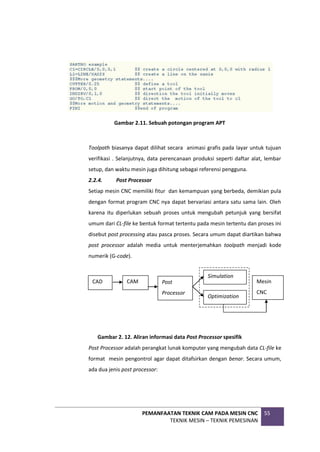 PEMANFAATAN TEKNIK CAM PADA MESIN CNC
TEKNIK MESIN – TEKNIK PEMESINAN
55
Gambar 2.11. Sebuah potongan program APT
Toolpath biasanya dapat dilihat secara animasi grafis pada layar untuk tujuan
verifikasi . Selanjutnya, data perencanaan produksi seperti daftar alat, lembar
setup, dan waktu mesin juga dihitung sebagai referensi pengguna.
2.2.4. Post Processor
Setiap mesin CNC memiliki fitur dan kemampuan yang berbeda, demikian pula
dengan format program CNC nya dapat bervariasi antara satu sama lain. Oleh
karena itu diperlukan sebuah proses untuk mengubah petunjuk yang bersifat
umum dari CL-file ke bentuk format tertentu pada mesin tertentu dan proses ini
disebut post processing atau pasca proses. Secara umum dapat diartikan bahwa
post processor adalah media untuk menterjemahkan toolpath menjadi kode
numerik (G-code).
Gambar 2. 12. Aliran informasi data Post Processor spesifik
Post Processor adalah perangkat lunak komputer yang mengubah data CL-file ke
format mesin pengontrol agar dapat ditafsirkan dengan benar. Secara umum,
ada dua jenis post processor:
CAD CAM Post
Processor
Simulation
Optimization
Mesin
CNC
 