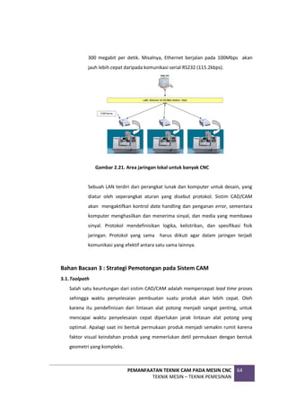 PEMANFAATAN TEKNIK CAM PADA MESIN CNC
TEKNIK MESIN – TEKNIK PEMESINAN
64
300 megabit per detik. Misalnya, Ethernet berjalan pada 100Mbps akan
jauh lebih cepat daripada komunikasi serial RS232 (115.2kbps).
Gambar 2.21. Area jaringan lokal untuk banyak CNC
Sebuah LAN terdiri dari perangkat lunak dan komputer untuk desain, yang
diatur oleh seperangkat aturan yang disebut protokol. Sistim CAD/CAM
akan mengaktifkan kontrol data handling dan penganan error, sementara
komputer menghasilkan dan menerima sinyal, dan media yang membawa
sinyal. Protokol mendefinisikan logika, kelistrikan, dan spesifikasi fisik
jaringan. Protokol yang sama harus diikuti agar dalam jaringan terjadi
komunikasi yang efektif antara satu sama lainnya.
Bahan Bacaan 3 : Strategi Pemotongan pada Sistem CAM
3.1.Toolpath
Salah satu keuntungan dari sistim CAD/CAM adalah mempercepat lead time proses
sehingga waktu penyelesaian pembuatan suatu produk akan lebih cepat. Oleh
karena itu pendefinisian dari lintasan alat potong menjadi sangat penting, untuk
mencapai waktu penyelesaian cepat diperlukan jarak lintasan alat potong yang
optimal. Apalagi saat ini bentuk permukaan produk menjadi semakin rumit karena
faktor visual keindahan produk yang memerlukan detil permukaan dengan bentuk
geometri yang kompleks.
 