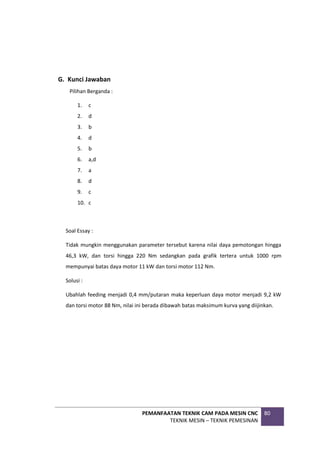 PEMANFAATAN TEKNIK CAM PADA MESIN CNC
TEKNIK MESIN – TEKNIK PEMESINAN
80
G. Kunci Jawaban
Pilihan Berganda :
1. c
2. d
3. b
4. d
5. b
6. a,d
7. a
8. d
9. c
10. c
Soal Essay :
Tidak mungkin menggunakan parameter tersebut karena nilai daya pemotongan hingga
46,3 kW, dan torsi hingga 220 Nm sedangkan pada grafik tertera untuk 1000 rpm
mempunyai batas daya motor 11 kW dan torsi motor 112 Nm.
Solusi :
Ubahlah feeding menjadi 0,4 mm/putaran maka keperluan daya motor menjadi 9,2 kW
dan torsi motor 88 Nm, nilai ini berada dibawah batas maksimum kurva yang diijinkan.
 