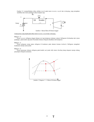 Gambar 2.2. memperlihatkan siklus terbuka recycle pada mesin recovery, recycle dan recharging, yang merupakan
    modifikasi dari mesin pendingin siklus kompresi uap.
                                QK

           3                                           2

                                    2.1       Konden
  Katup        Ekspansi                      sor
                                          Kompresor                    WK
           4                                                       1



                                        Gambar 1. Skema Mesin 3R laluan tunggal

Urutan proses yang terjadi pada siklus mesin recovery, recycle dan recharging :

Proses 1 – 2
    Proses recovery refrigeran dengan tekanan sisi isap kompresor (tekanan vakum). Refrigeran di keluarkan dari sistem
pendingin, pada kondisi uap jenuh. Kemudian tekanan refrigeran dinaikkan oleh kompresor.

Proses 2 – 3
    Proses pelepasan energi panas refrigeran di kondensor pada tekanan konstan (isobaric). Refrigeran mengalami
kondensasi menuju cairan jenuh.

Proses 3 – 4
    Proses penurunan tekanan refrigeran pada kondisi cair jenuh oleh sistem throttling katup ekspansi menuju tabung
penyimpan refrigeran sementara.




                                    Gambar 2. Diagram T – S Mesin 3R laluan tunggal




                                                            -2-
 