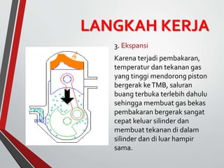 LANGKAH KERJA
3. Ekspansi
Karena terjadi pembakaran,
temperatur dan tekanan gas
yang tinggi mendorong piston
bergerak keTMB, saluran
buang terbuka terlebih dahulu
sehingga membuat gas bekas
pembakaran bergerak sangat
cepat keluar silinder dan
membuat tekanan di dalam
silinder dan di luar hampir
sama.
 