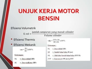 UNJUK KERJA MOTOR
BENSIN
EfisiensiVolumetrik
E. vol =
jumlah cam𝑝𝑢𝑟𝑎𝑛 𝑦𝑎𝑛𝑔 𝑚𝑎𝑠𝑢𝑘 𝑠𝑖𝑙𝑖𝑛𝑑𝑒𝑟
𝑉𝑜𝑙𝑢𝑚𝑒 𝑠𝑖𝑙𝑖𝑛𝑑𝑒𝑟
• EfisiensiThermis
• Efisiensi Mekanik
 