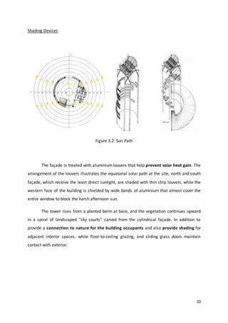 33
Shading Devices
Figure 3.2: Sun Path
The façade is treated with aluminium louvers that help prevent solar heat gain. The
arrangement of the louvers illustrates the equatorial solar path at the site, north and south
façade, which receive the least direct sunlight, are shaded with thin strip louvers, while the
western face of the building is shielded by wide bands of aluminium that almost cover the
entire window to block the harsh afternoon sun.
The tower rises from a planted berm at base, and the vegetation continues upward
in a spiral of landscaped “sky courts” carved from the cylindrical façade. In addition to
provide a connection to nature for the building occupants and also provide shading for
adjacent interior spaces, while floor-to-ceiling glazing, and sliding glass doors maintain
contact with exterior.
 
